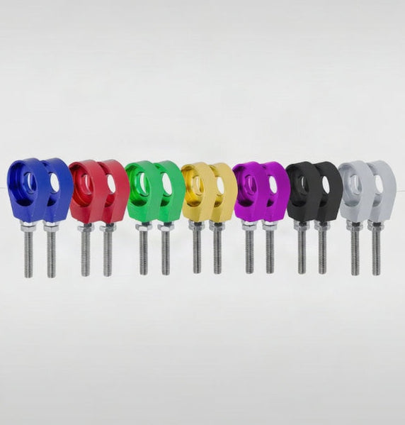 Kettenspanner Set eloxiert mehrere Farben nebeneinander gelegt – Simson S51, S50, SR50, Schwalbe KR51