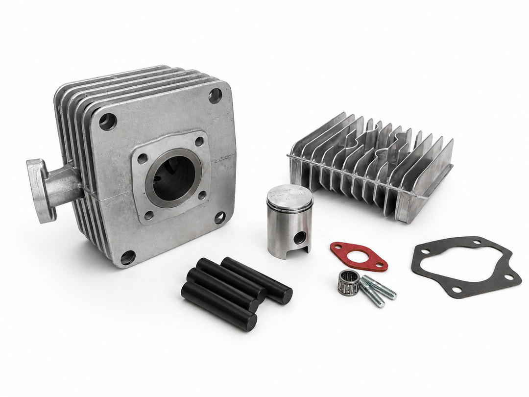 Lieferumfang Downshift RS50: Zylinder, Barikit 2-Ring-Kolben, Zylinderkopf, Dichtungen, Nadellager und Stehbolzen