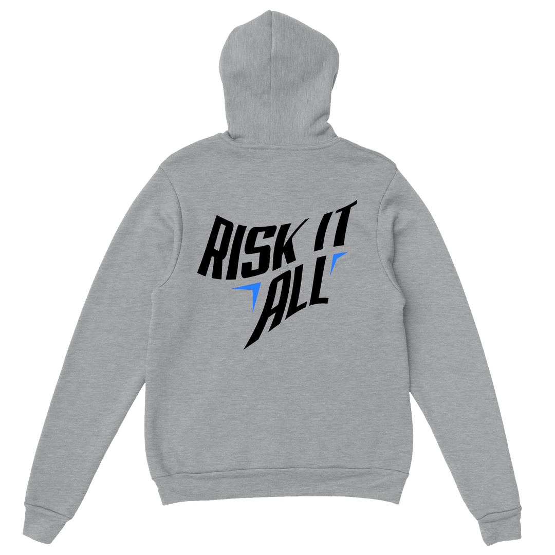Risk it All Schriftzug Rücken grau blau – Bike Life Hoodie downshift