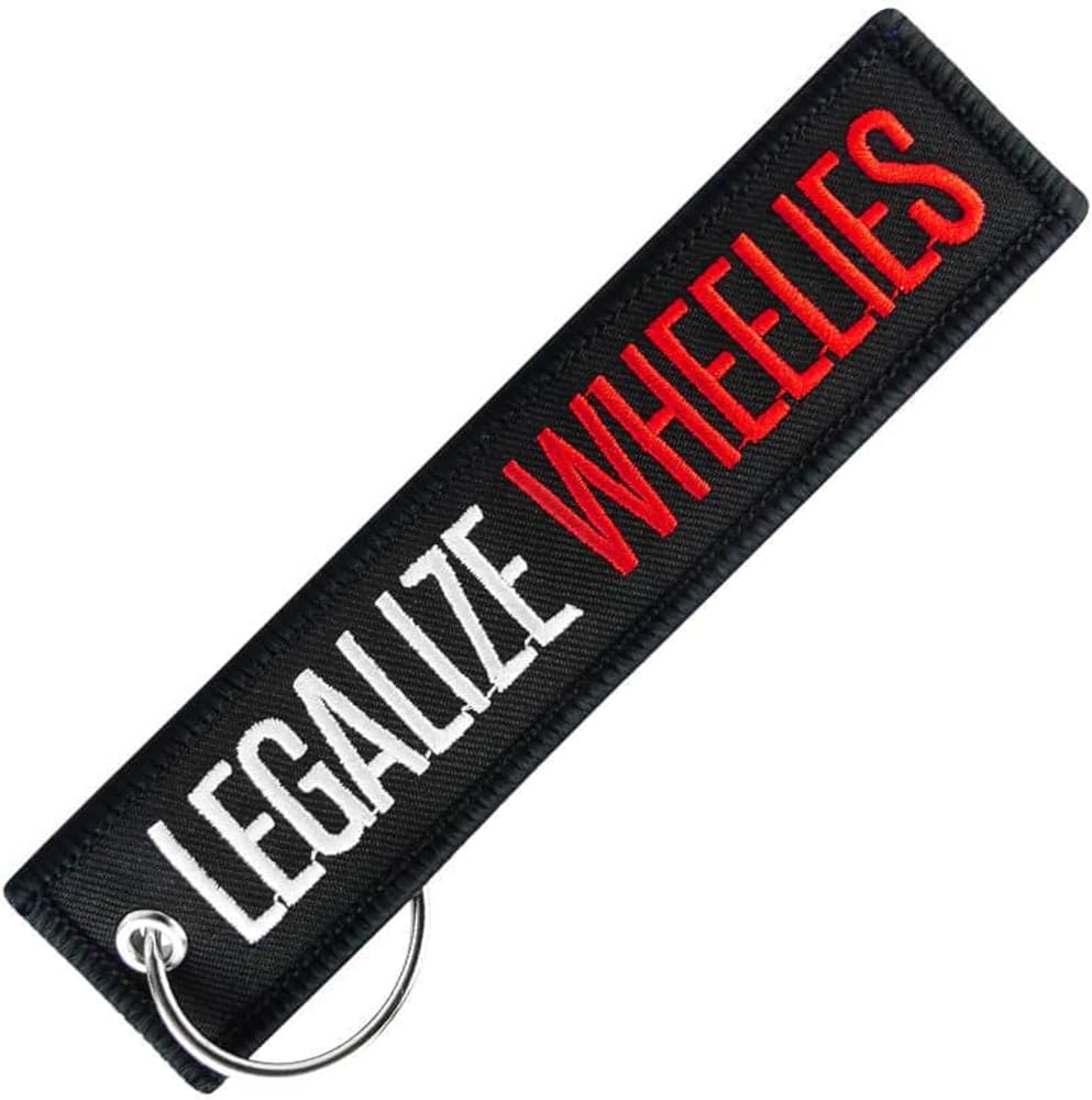 Schlüsselanhänger Motorrad bestickt mit Legalize Wheelies Schriftzug