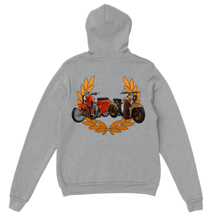  Lorbeerkranz Hoodie Rücken mit Simson Mopeds in Orange
